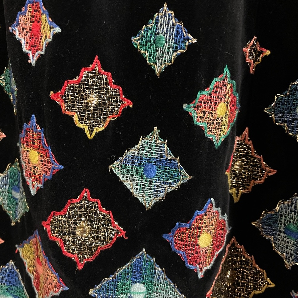 Handmade Vintage velvet black skirt with colorful diamond shaped embroidery!